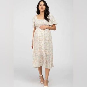 PinkBlush Cream Floral Smocked Square Neck Maternity Midi Dress, Medium